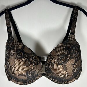Lilyette Women Bra Size 36DD Plunge Underwire Lace Overlay Molded Black